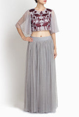 Amrit Kaur-ANK Grey Wine Embroidered Top and Skirt