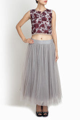 Amrit Kaur-ANK Grey Wine Embroidered Mesh Top and Skirt