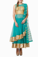 Abhilasha & Abhishek Gold & Aqua Anarkali Suit
