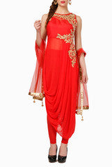Abhilasha & Abhishek Coral Embroidered Draped Dress