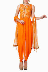 Abhilasha & Abhishek Orange Draped Dhoti Dress