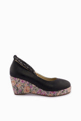 A & S Shoes Black And Floral Wedges