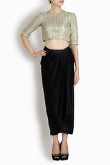 Binny Sodhi Black Drape Skirt And Gold Crop Top Set
