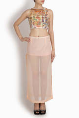 Binny Sodhi Peach Georgette Skirt And Print Crop Top Set