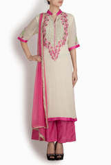Binny Sodhi Ivory Kurta With Pink Palazzos And Pink Dupatta