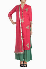 Binny Sodhi Coral Kurta With Green Palazzos And Peach Dupatta