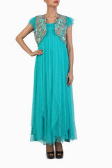 Ginaz Blue Ethnic Gown With Hand embroidered Jacket