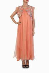 Ginaz Peach Ethnic Gown With Hand Embroidered Jacket