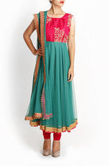 Geethika Kanumilli Garden Green And Melon Anarkali