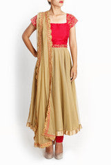 Geethika Kanumilli Red And Beige Anarkali