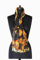 IHKAR Orange Leaf In Black Wool Silk Stole