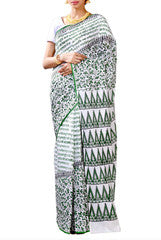 Charming  White & Green Cotton Hand Work Saree