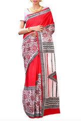 Chic  Red & White Fine Bengal Cotton Saree