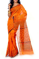 Stunning Orange & Brown Block Printed Cotton Saree