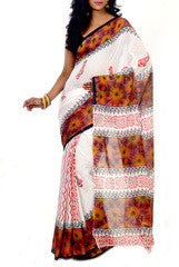 White & Brown Bengal Cotton Saree