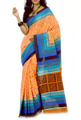 Navy Blue & Orange Bengal Cotton Saree