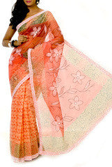 Orange & White Printed saree With matching Blouse fabric