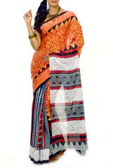 Chic White, Ash & Orange Bengal Cotton Saree