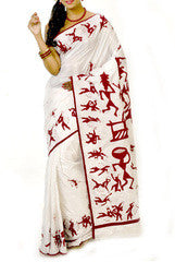 White & Maroon Hand Embroidered Saree