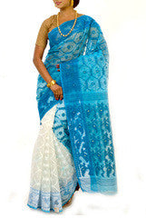 Blue & White Bengal Dhaka Cotton Saree