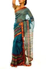 Blue & Orange Printed Saree