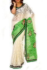 White & Green Colors Brasso Saree