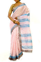 Pink & Blue Block Printed Saree