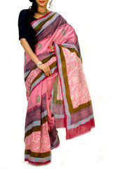 Pink & Blue Block Printed Cotton Saree