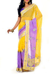 Yellow & Purple Zari Embroidered Saree
