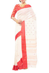 White & Red Color Garad Cotton Saree