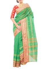Green Cotton Hand Made Saree