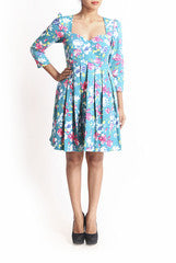 La Rutu Blue Floral Pleated Dress