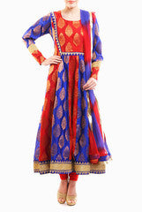 Mystiqual Designs  Red & Blue Brocade Anarkali