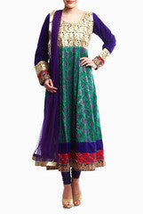 Mystiqual Designs Green and Blue Embroidered Brocade and Velvet Anarkali Suit