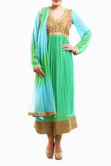 Mystiqual Designs Green and Blue Embroidered Brocade Anarkali Suit