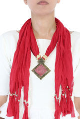 Niharika Pandey Red Fringed Crochet Necklace Scarf