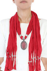 Niharika Pandey Red Fringed Crochet Necklace Scarf