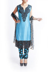Praanaa Blue & Black Embroidered Neckline Suit Set