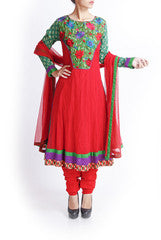 Praanaa Green & Red Embroidered Anarkali