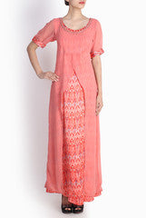Pralii Coral Overlayed Printed A-line Dress