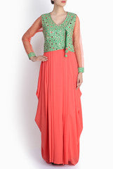 Pralii Coral Drape Gown With Embroidered Gilet