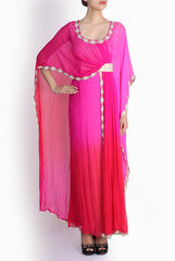 Pralii Red Orange-Hot pink Shaded Kaftan Suit Set
