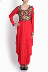 Pralii Red Drape Kurti Churidaar Set
