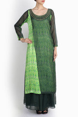 Pralii Shades Of Green Printed Overlay Kurti Palazzo Set