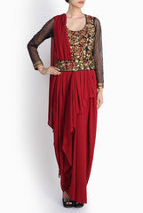 Pralii Ruby Red & Black Embroidered Concept Saree