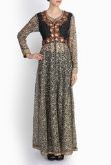 Pralii Black Leaf Printed Anarkali Suit With Embroidered Gilet & Pants