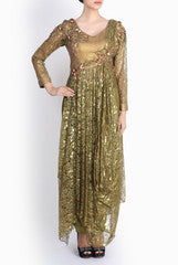 Pralii Olive Green Draped Lace Embroidered Anarkali Suit Set