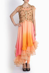 Pralii Peach High Low Ankle Length Anarkali With Zari Cutwork Gillet
