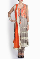 Pralii Silver-Pink Orange Embroidered Straight Suit With Pants