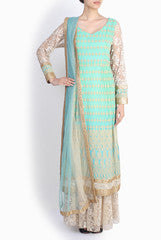 Pralii Aquamarine Shaded Embroidered Suit With Palazzos